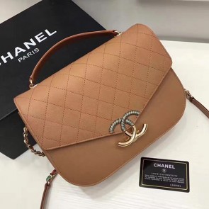 Top Chanel Grained Calfskin CC Flap Bag with Top Handle Khaki A93633 VS05669