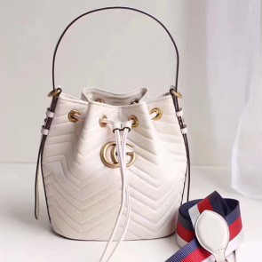 Top Gucci GG Marmont Leather Bucket Bag 476674 White VS03429
