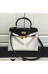Fake Fake Hermes Kelly 28 Tote Bag Black and White Croco Leather HBC12 VS04736