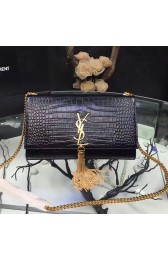 Fake Saint Laurent Medium Kate Monogram Tassel Croco Leather Shoulder Bag Black Y121230 VS06295