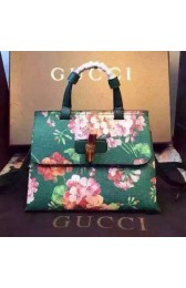 Gucci Bamboo Daily Leather Top Handle Bag 370831 Green with Flower Print VS09793