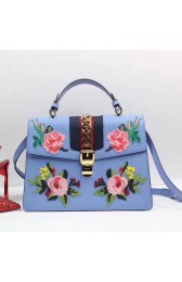 Gucci Sylvie Embroidered Leather Top Handle Bag Blue 431665 VS08893