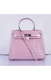 Hermes Kelly 28cm Shoulder Bags Pink Croco Patent Leather Silver VS03738