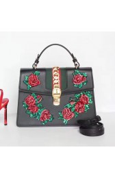 Imitation Gucci Sylvie Embroidered Leather Top Handle Bag Black 431665 VS07053