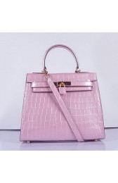 Imitation Hermes Kelly 28cm Shoulder Bags Pink Croco Patent Leather Gold VS01490