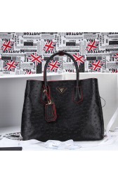 Prada Twin Ostrich Leather Cuir Large Tote BN2756 in Black with Gold Hardware LSS VS01466