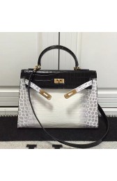 Replica Hermes Kelly 32 Tote Bag Black and White Croco Leather HBC12 VS03960