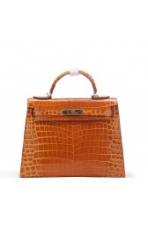 Replica Hermes Kelly 32cm Shoulder Bag Wheat Croco Patent Leather K32 Gold VS09858