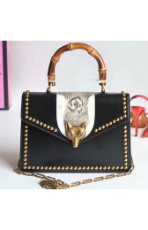 Replica Luxury Gucci Broche Glossy Leather Top Handle Bag Black 466434 VS06943
