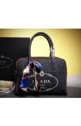 Replica Prada Logo Printed Mudium Canvas Denim Tote Bags BN2922 Black VS00856