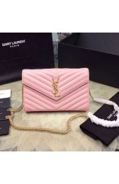 Saint Laurent Chain Wallet In Pink Grain De Poudre Textured Matelasse Leather 377828 VS01949
