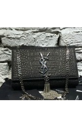 YSL Monogramme Cross-body Shoulder Bag Croco Leather 311218 Black VS07696